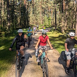 Drei Personen auf Fahrrädern im Wald